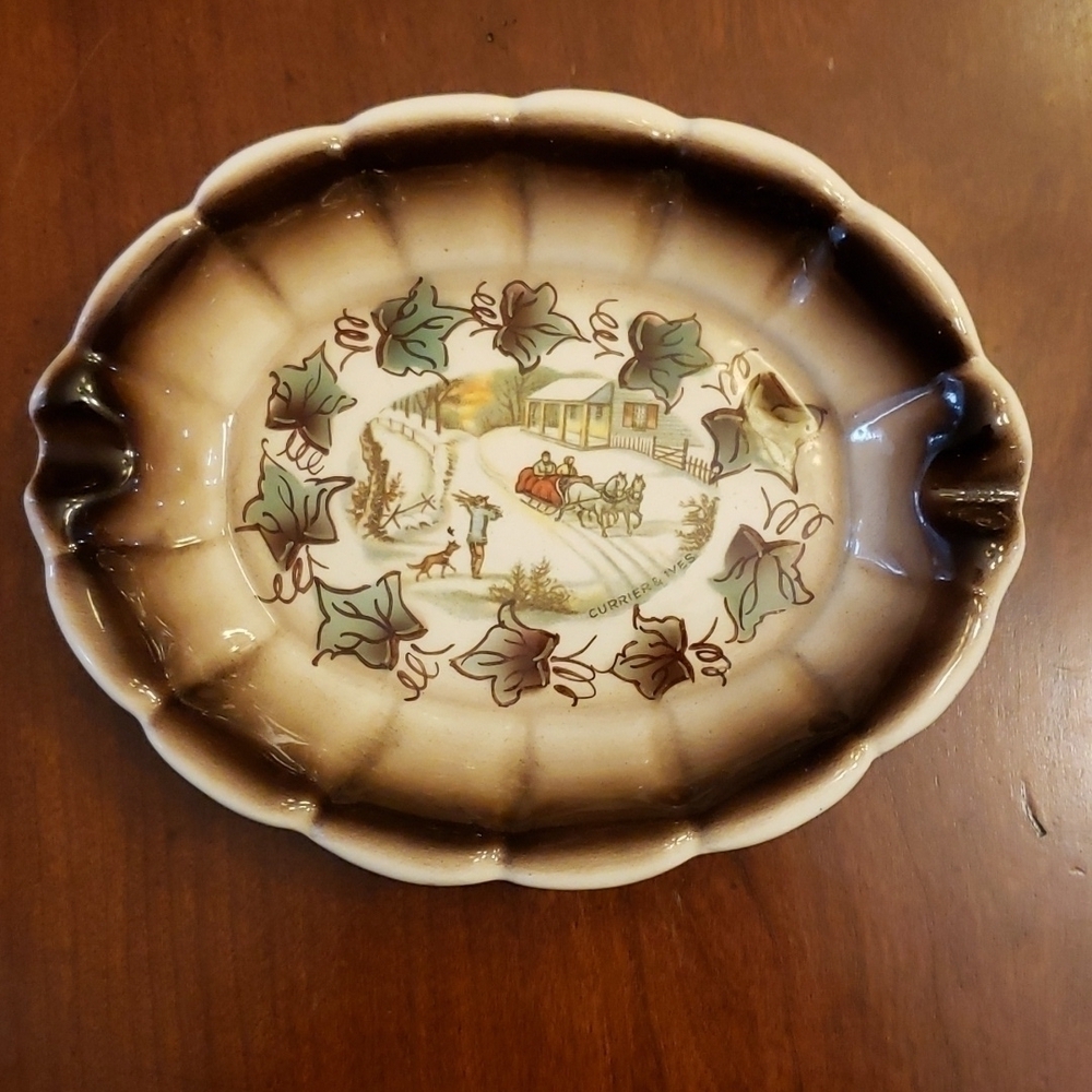 Vintage Currier & Ives Small Oval Ashtray Brown Winter Scene Very Pretty VGC - Picture 13 of 13
